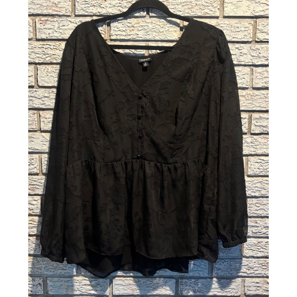 Torrid Black Burnout Floral Jacquard Peplum Top V-Neck Long Sleeve Plus Size 3
